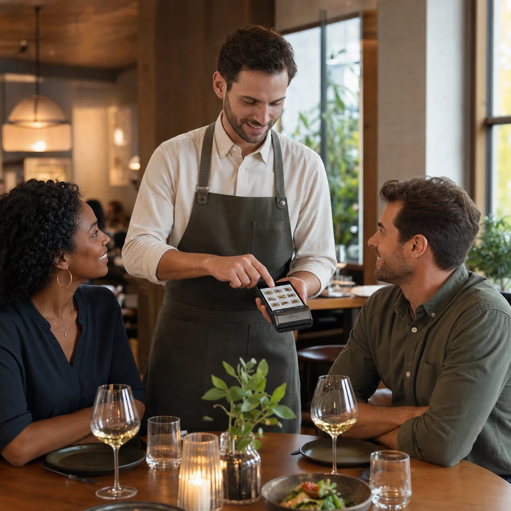 A restaurant server taking an order with a handheld POS while speaking with guests
