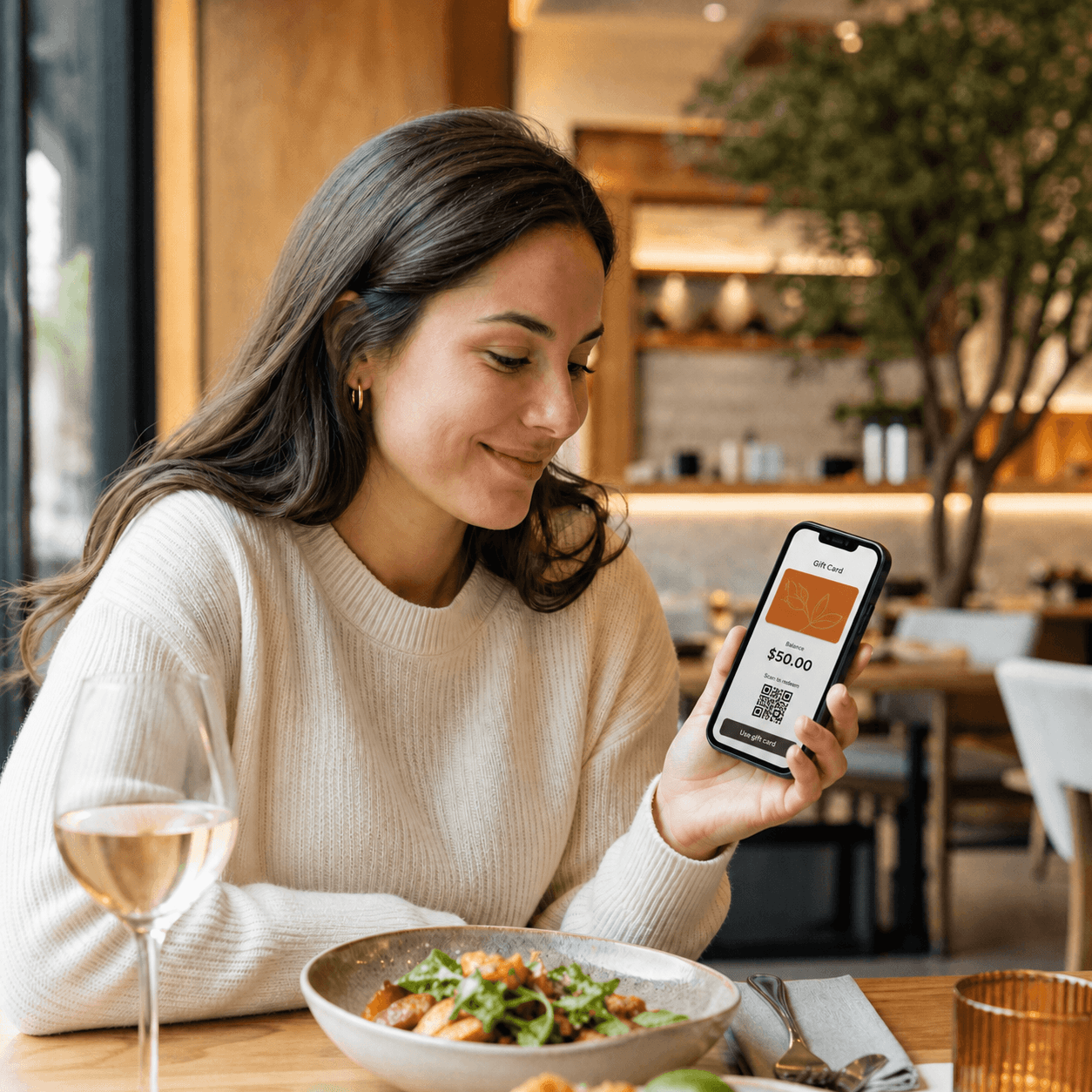 Restaurant customer viewing a $50 digital gift card and redemption QR code on her phone