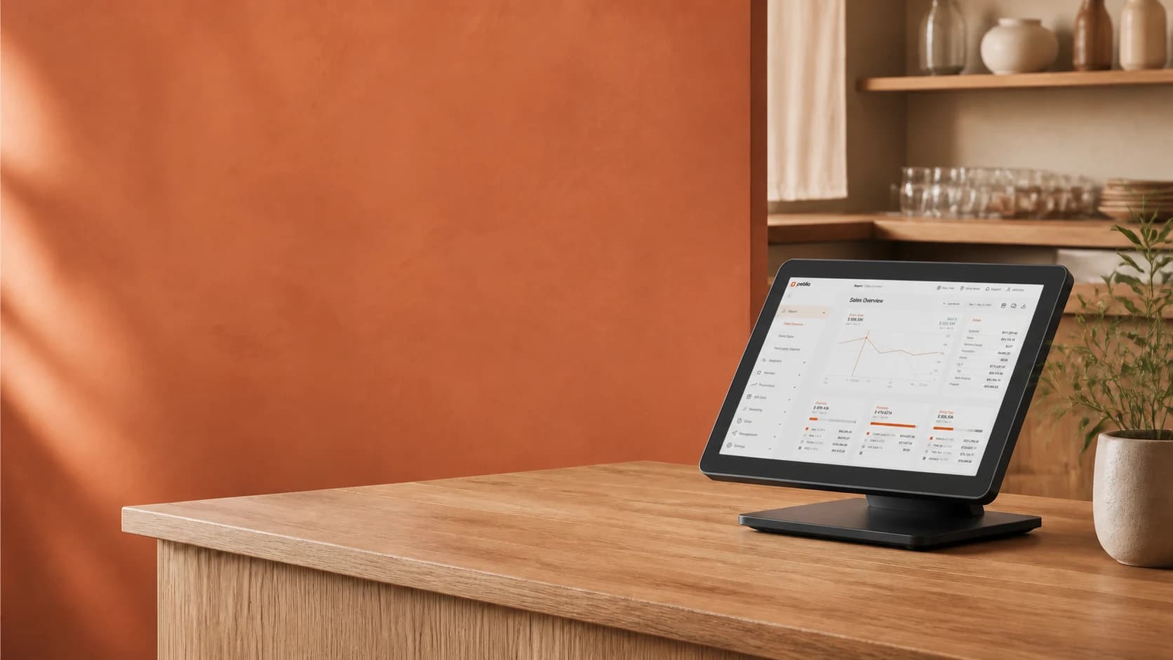 A restaurant counter with a Peblla point-of-sale display
