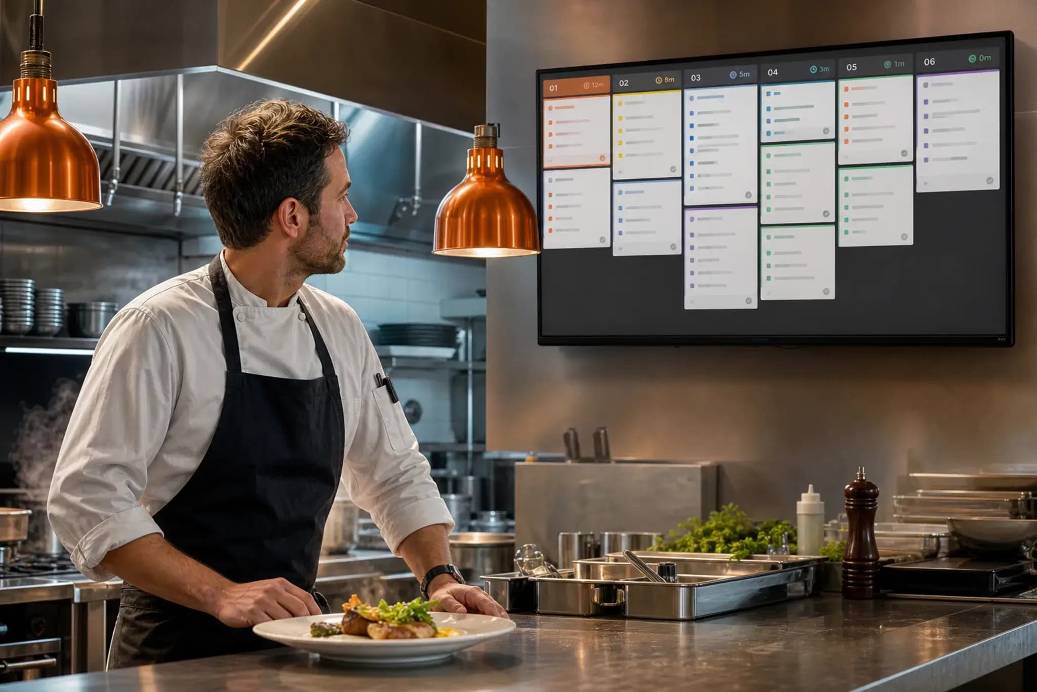 Chef working at the pass while checking a large kitchen display system