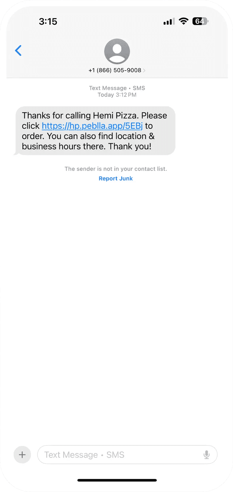 Personalized Peblla SMS offer displayed on a mobile phone