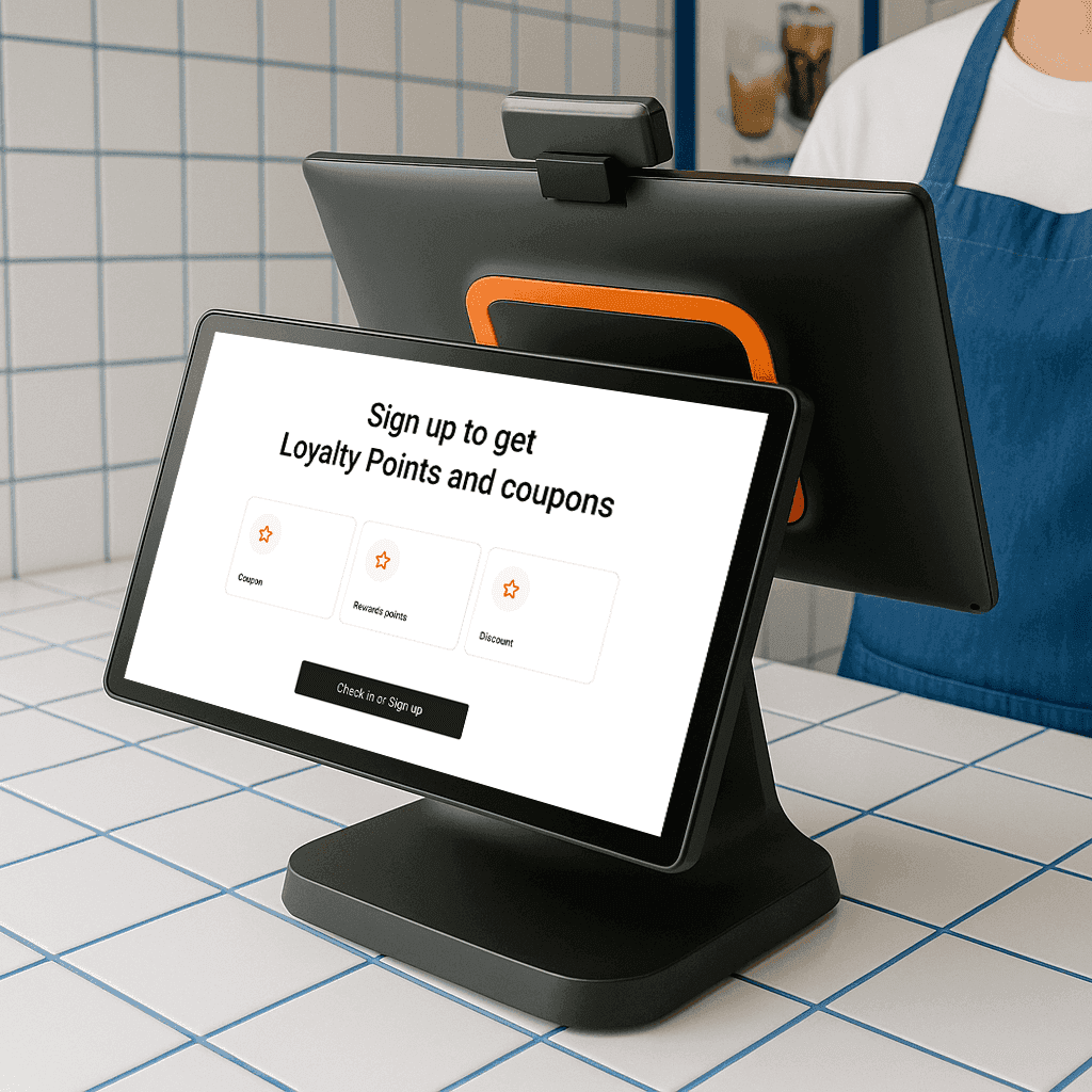 Peblla loyalty signup displayed on a restaurant POS tablet