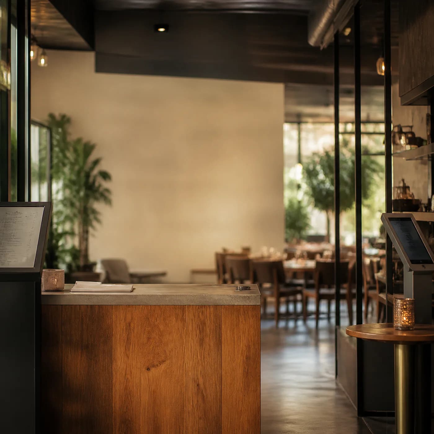 Warm restaurant entrance and dining room